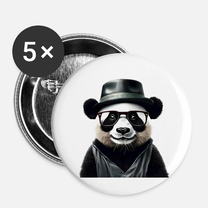Panda élégant avec accessoires - Lot de 5 petits badges (25 mm) - blanc