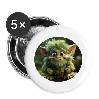 Grüner Fantasie-Waldkobold mit großen Augen - Buttons klein 25 mm (5er Pack) - Weiß - Vorne