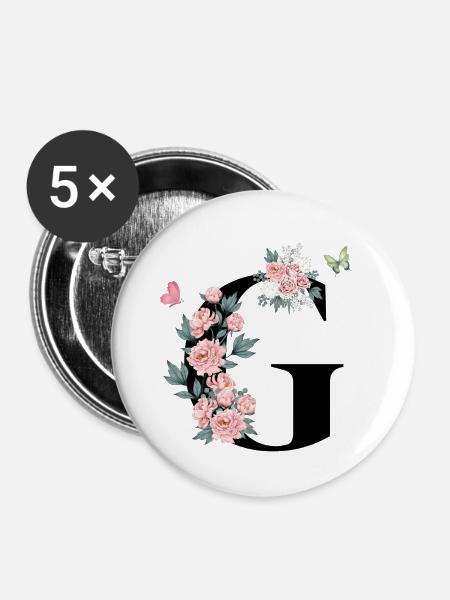 Buchstabe g rosa Blumen - Buttons klein 25 mm (5er Pack) - Weiß
