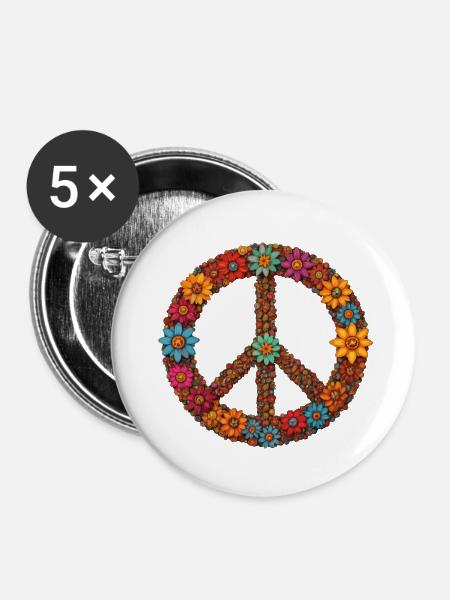 Friedenssymbol mit Blumen - Buttons klein 25 mm (5er Pack) - Weiß