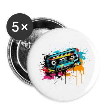 Bunte Kassette 80er 90er Retro Vintage Musik - Buttons klein 25 mm (5er Pack) - Weiß - Vorne