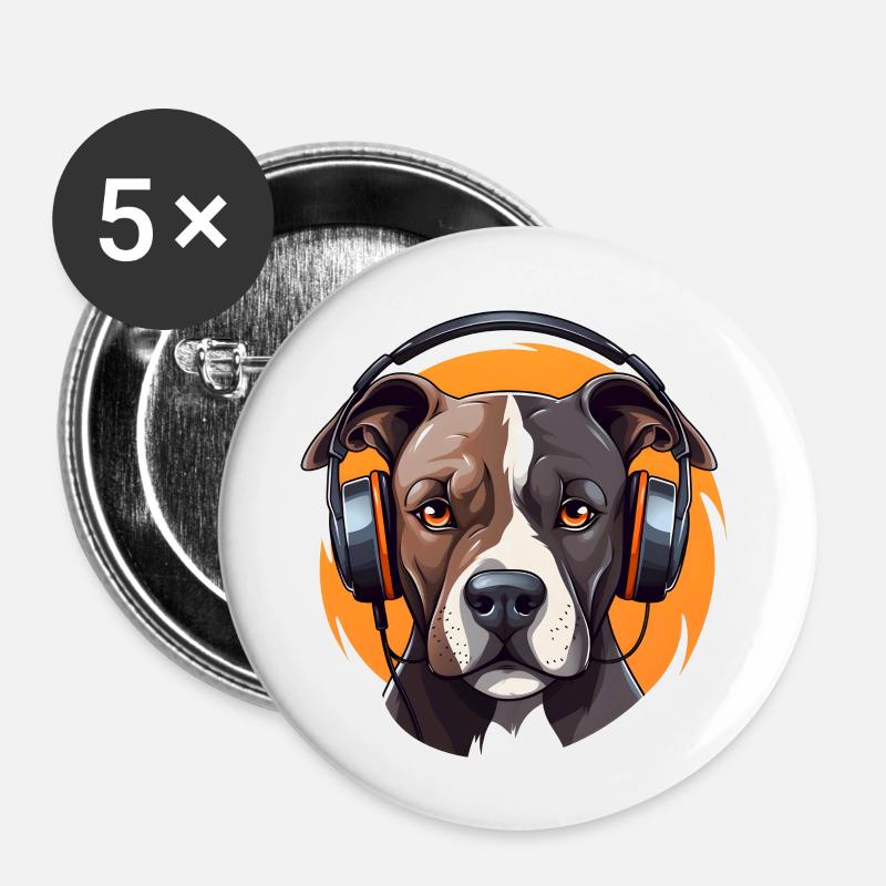 Pitbull mit Kopfhörern Cool - Buttons klein 25 mm (5er Pack) - Weiß