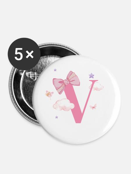 Buchstabe v rosa Wolken - Buttons klein 25 mm (5er Pack) - Weiß