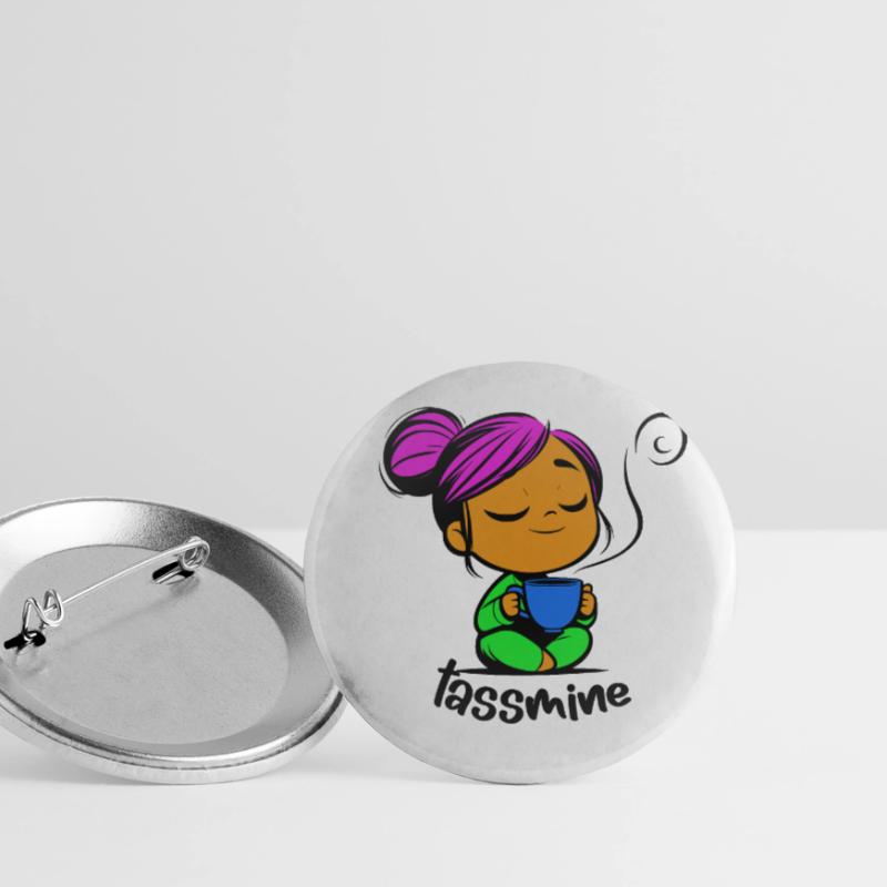 Tassmine enspannt mit einer Tasse Tee oder Kaffee Buttons klein 25 mm (5er Pack)