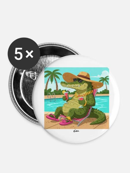 Krokodil am Pool mit Longdrink - Buttons klein 25 mm (5er Pack) - Weiß