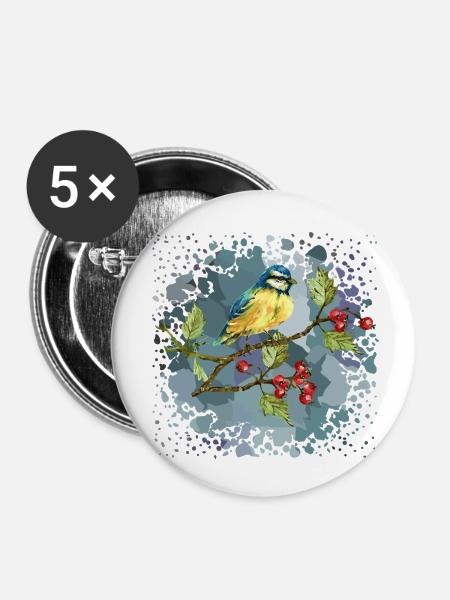 Bunter Vogel - Buttons klein 25 mm (5er Pack) - Weiß