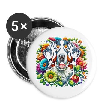 Bernese Mountain Dog in Colorful Flowers - Buttons small 1''/25 mm (5-pack) - white - Front