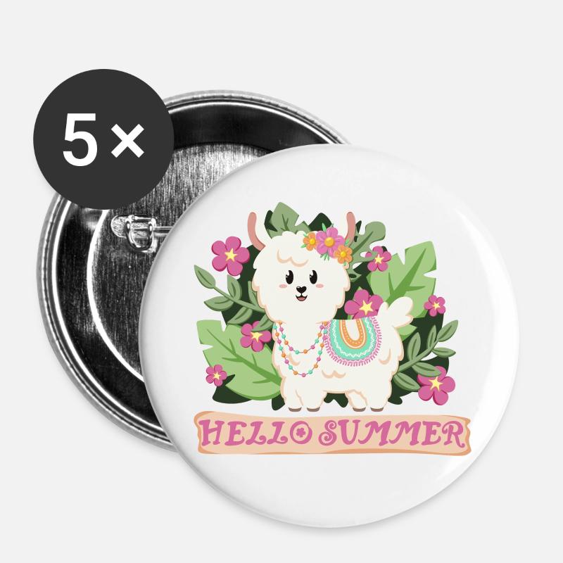 Hello summer Lama Alpaka in Sommerstimmung - Buttons klein 25 mm (5er Pack) - Weiß