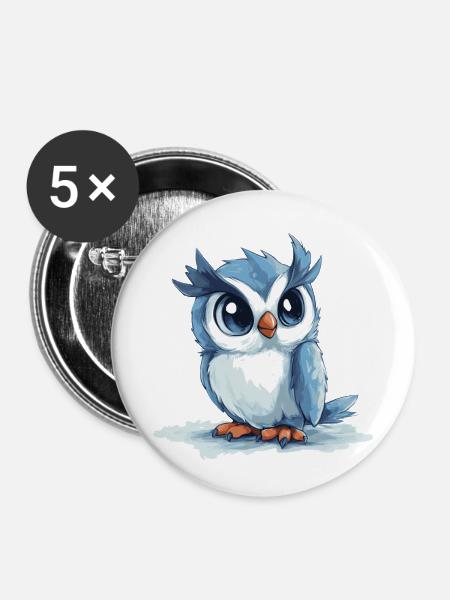 blaue Eule - Buttons klein 25 mm (5er Pack) - Weiß