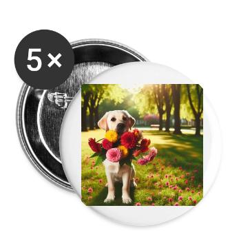 Chien qui porte des fleurs dans une forêt - Lot de 5 petits badges (25 mm) - blanc - Devant