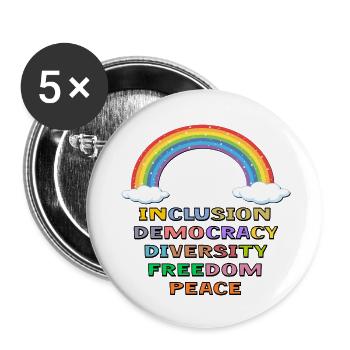 DEMOKRATIE INKLUSION FRIEDEN STOLZ - Buttons klein 25 mm (5er Pack) - Weiß - Vorne