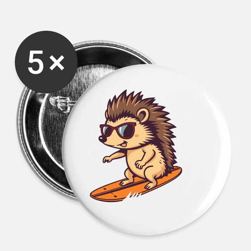 Surfing hedgehog with sunglasses - Buttons small 1''/25 mm (5-pack) - white