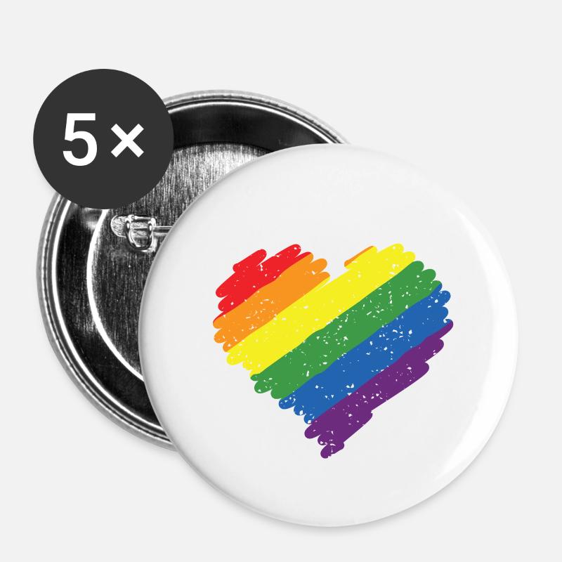 Arc en ciel coeur Pride Drapeau Couleurs LGBTQ+ Grunge - Lot de 5 petits badges (25 mm) - blanc