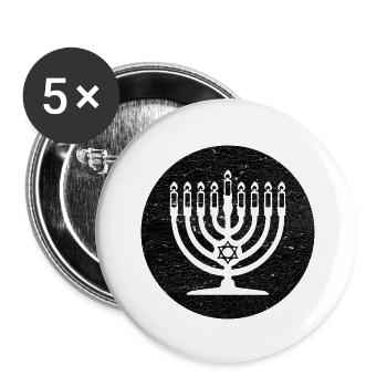 Chanukka Menora Kerzenständer in schwarzem Kreis - Buttons klein 25 mm (5er Pack) - Weiß - Vorne