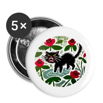 Black Cat & Poppies - Buttons small 1''/25 mm (5-pack) - white - Front