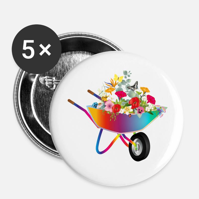 Brouette colorée avec des fleurs - Lot de 5 petits badges (25 mm) - blanc