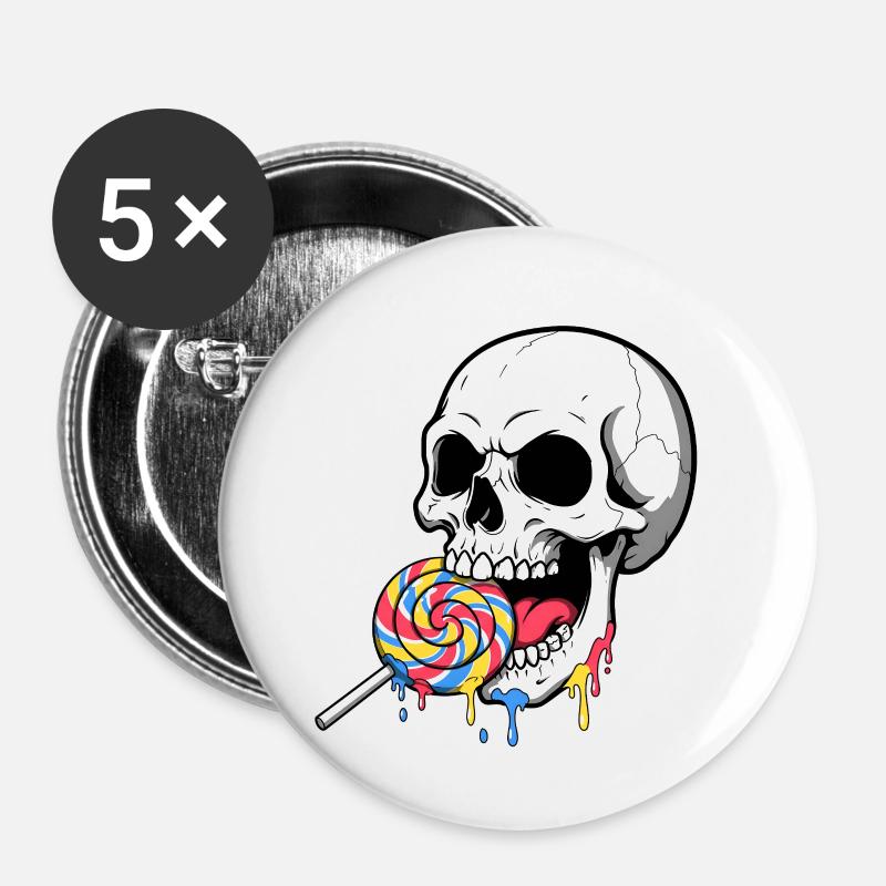 Schädel beißend Bunte Süßigkeiten - Buttons klein 25 mm (5er Pack) - Weiß