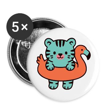 Tigre mignon sur bouée flamant orange - Lot de 5 petits badges (25 mm) - blanc - Devant