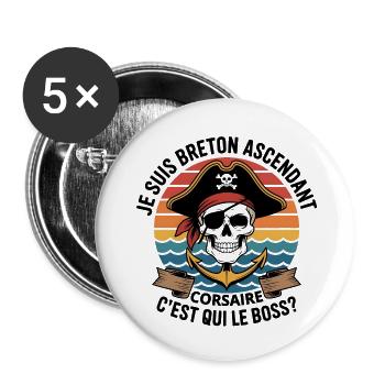 Tête de Mort Pirate à Ancre Colorée - Lot de 5 petits badges (25 mm) - blanc - Devant