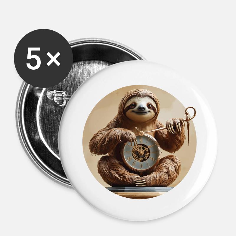 Charming sloth with clock motif - Buttons small 1''/25 mm (5-pack) - white