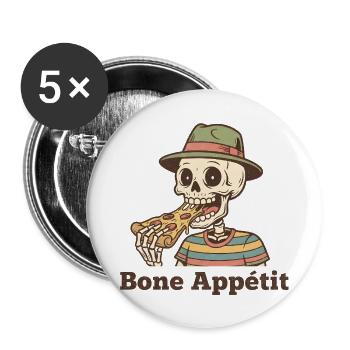 Bone Appétit Skeleton mange de la pizza - Lot de 5 petits badges (25 mm) - blanc - Devant