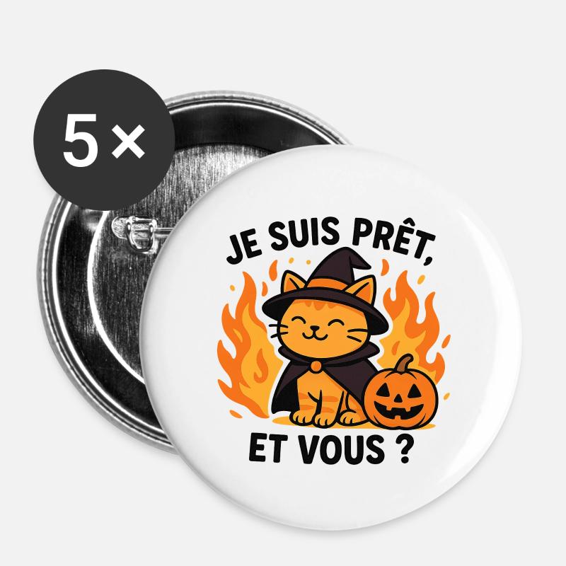 Halloween Wizard Cat Ready - Buttons small 1''/25 mm (5-pack) - white
