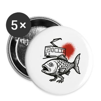 Une vague de poisson d’un tramway et un soleil rouge - Lot de 5 petits badges (25 mm) - blanc - Devant