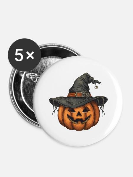 Halloween Kürbis mit Hexenhut - Buttons klein 25 mm (5er Pack) - Weiß