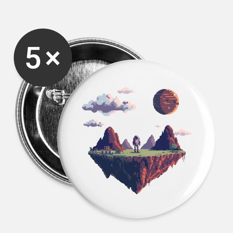 Astronaute pixel 8 bits sur une île flottante - Lot de 5 petits badges (25 mm) - blanc