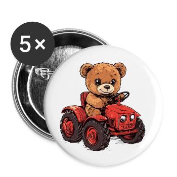 Ours en peluche sur tracteur rouge - Lot de 5 petits badges (25 mm) - blanc - Devant