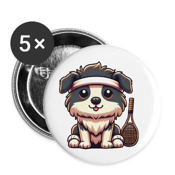 Tennis Hund Mit Stirnband Und Schläger - Buttons klein 25 mm (5er Pack) - Weiß - Vorne
