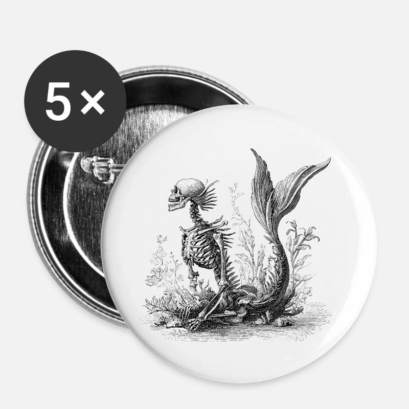 Skeleton Mermaid – Occult Underwater Design - Buttons small 1''/25 mm (5-pack) - white