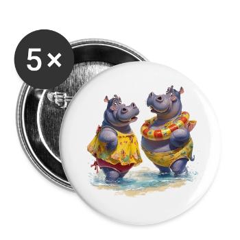 Zwei Hippos im Badedress - Buttons klein 25 mm (5er Pack) - Weiß - Vorne