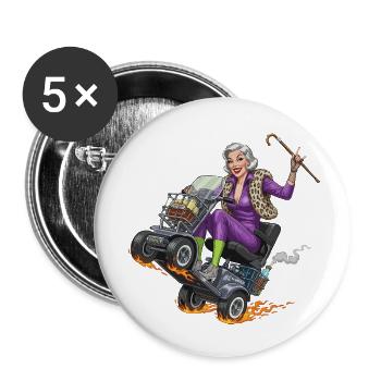 Mamie violette sur un scooter de mobilité de course - Lot de 5 petits badges (25 mm) - blanc - Devant