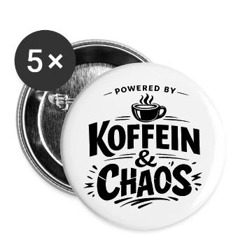 Powered by Koffein & Chaos – Kaffee Spruch Shirt - Buttons klein 25 mm (5er Pack) - Weiß - Vorne