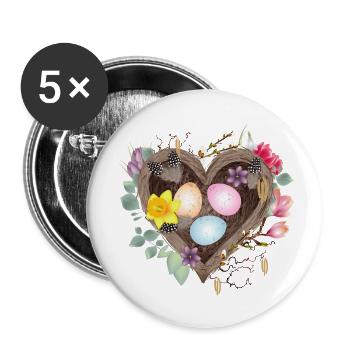 Herzförmiges Nest mit bunten Ostereiern - Buttons klein 25 mm (5er Pack) - Weiß - Vorne