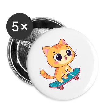 Kawaii-Kätzchen auf Skateboard - Buttons klein 25 mm (5er Pack) - Weiß - Vorne