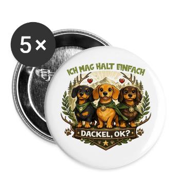 Dackel Natur Wappen Motiv mit Herz und Spruch - Buttons klein 25 mm (5er Pack) - Weiß - Vorne