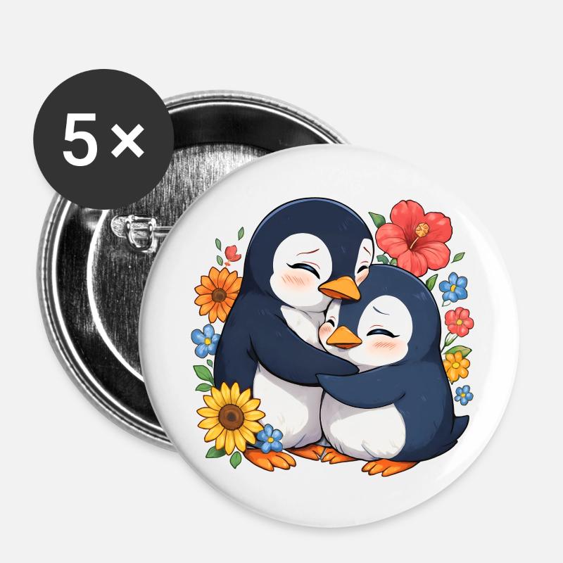 Des manchots câlins dans une mer de fleurs - Lot de 5 petits badges (25 mm) - blanc