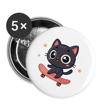 Chat kawaii sur planche à roulettes - Lot de 5 petits badges (25 mm) - blanc - Devant