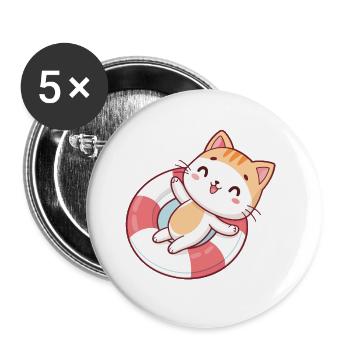 Chat kawaii en bouée estivale - Lot de 5 petits badges (25 mm) - blanc - Devant