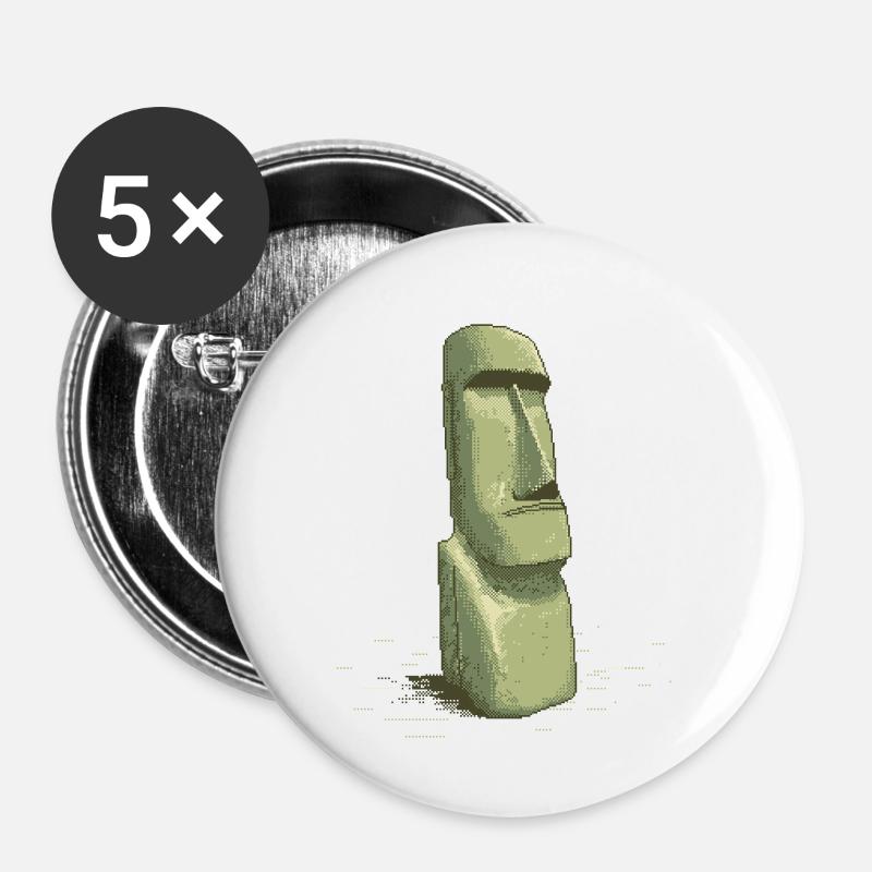 Statue rétro en pixel art Moai de l’île de Pâques - Lot de 5 petits badges (25 mm) - blanc