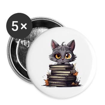 Kätzchen über Bücherstapel - Buttons klein 25 mm (5er Pack) - Weiß - Vorne