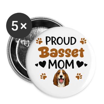 Proud Basset Mom, Basset Hound - Buttons small 1''/25 mm (5-pack) - white - Front