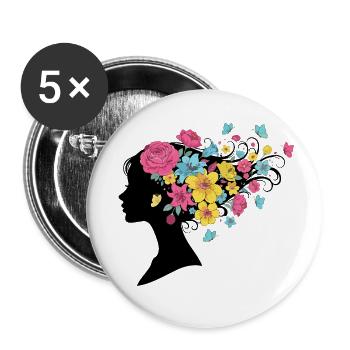 Frauenkopf mit langen Blumen Schmetterling Haaren - Buttons klein 25 mm (5er Pack) - Weiß - Vorne
