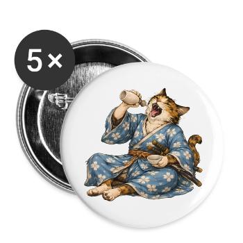 Saké de chat samouraï style ukiyo-e japonais - Lot de 5 petits badges (25 mm) - blanc - Devant