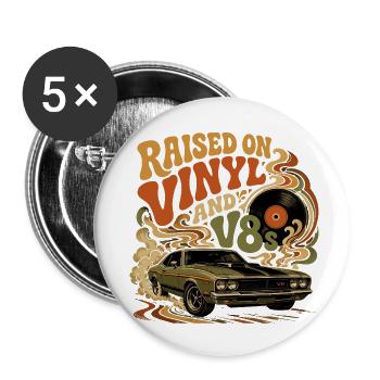 Vinyle et Moteurs V8 : Design Vintage Auto - Lot de 5 petits badges (25 mm) - blanc - Devant