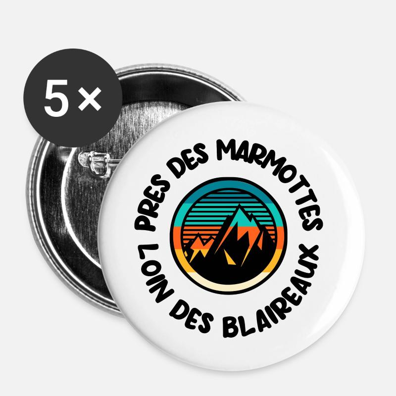 Marmottes montagne  - Lot de 5 petits badges (25 mm) - blanc