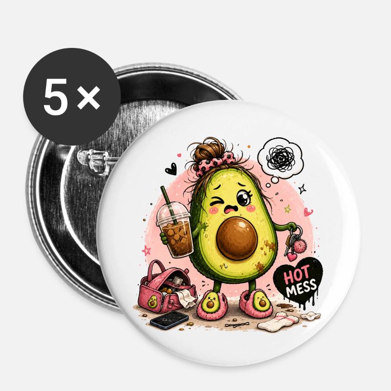 Kawaii Avocado Hot Mess - Buttons small 1''/25 mm (5-pack) - white