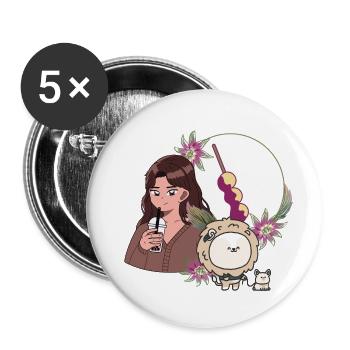 Bubble Tea Girl and Lion with Hearing Aid - Buttons small 1''/25 mm (5-pack) - white - Front